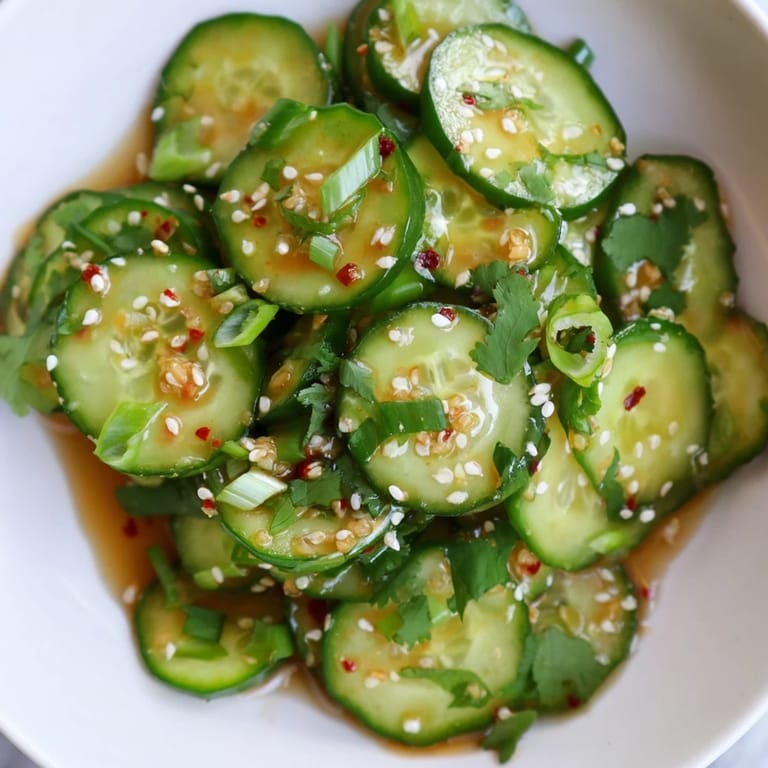 Vivid image of the Zesty Shake Cucumber Salad, complete with sesame seeds and fresh cilantro on top.