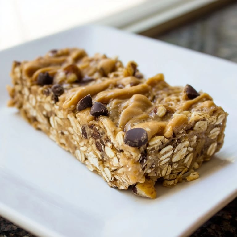 Close-up of golden peanut butter banana oat bars, showcasing the rolled oats and peanut butter swirl.