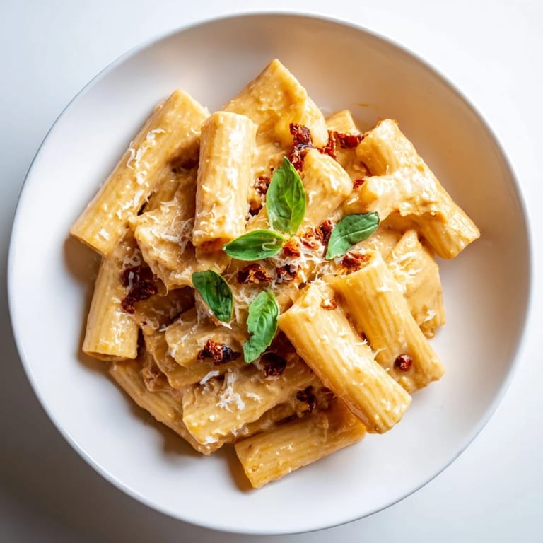 Vibrant plate of Creamy Sun-Dried Tomato Pasta, the perfect, easy weeknight vegetarian meal.