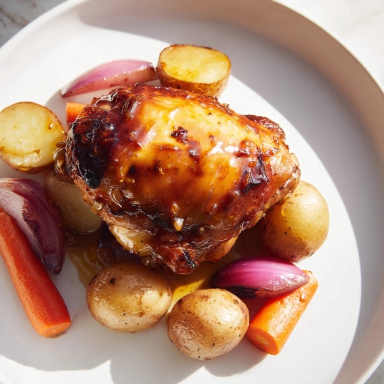 Tender Maple Dijon Chicken Thighs on a bed of colorful roasted carrots, potatoes, and red onion, ready to eat.