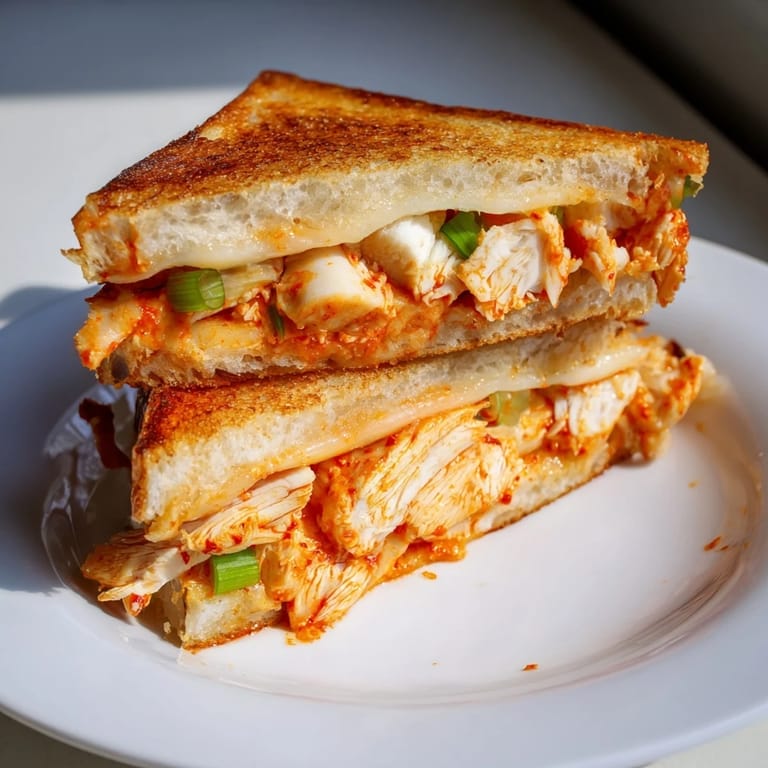 Sizzling Gochujang Mayo Chicken Sandwich grilled cheese, Korean-inspired, oozing cheese and savory chicken.