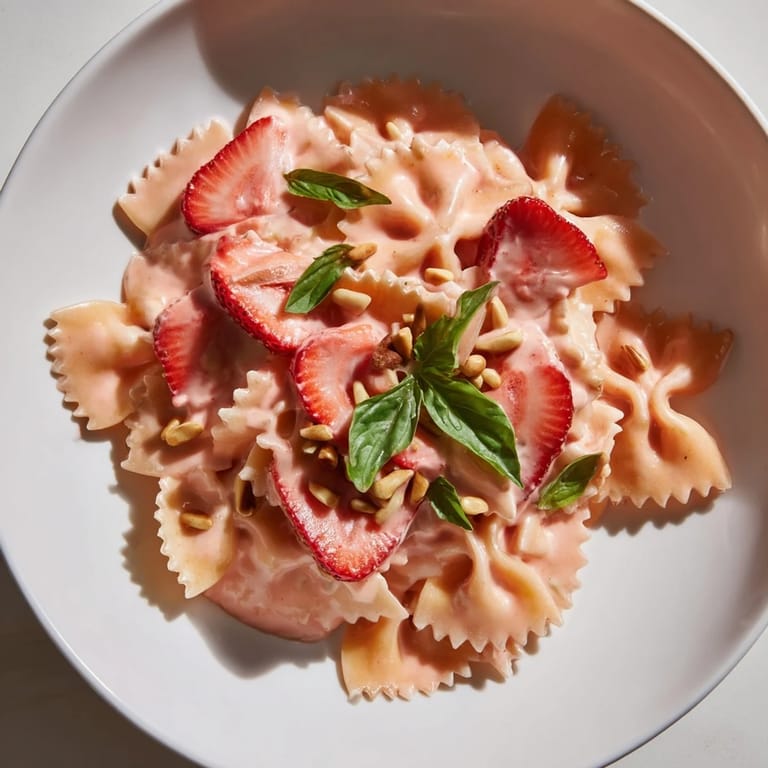 This Strawberry Sour Cream Pasta features a vibrant pink sauce, perfect for a light vegetarian dinner.