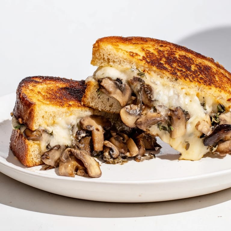 A steaming, close-up shot of a Creamy Mushroom Grilled Cheese, perfect for a cozy lunch.