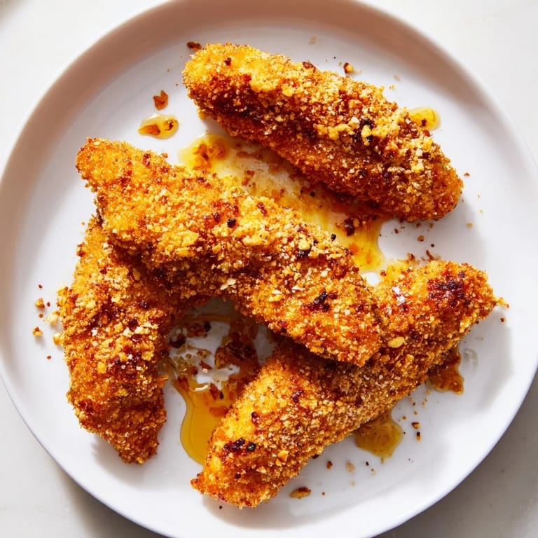 Close-up of freshly cooked crispy panko chicken tenders, a delightful, sweet and spicy meal.