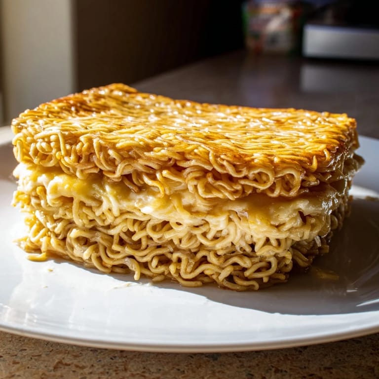 A close-up shot of Ramen Grilled Cheese, showing the gooey cheese pulling apart from crispy ramen "buns."