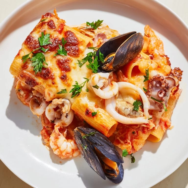 Steaming plate of seafood pasta bake with shrimp, mussels, and a rich, flavorful tomato sauce.