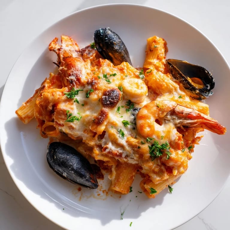 Close-up of a delightful seafood pasta bake, baked to a beautiful golden brown color.