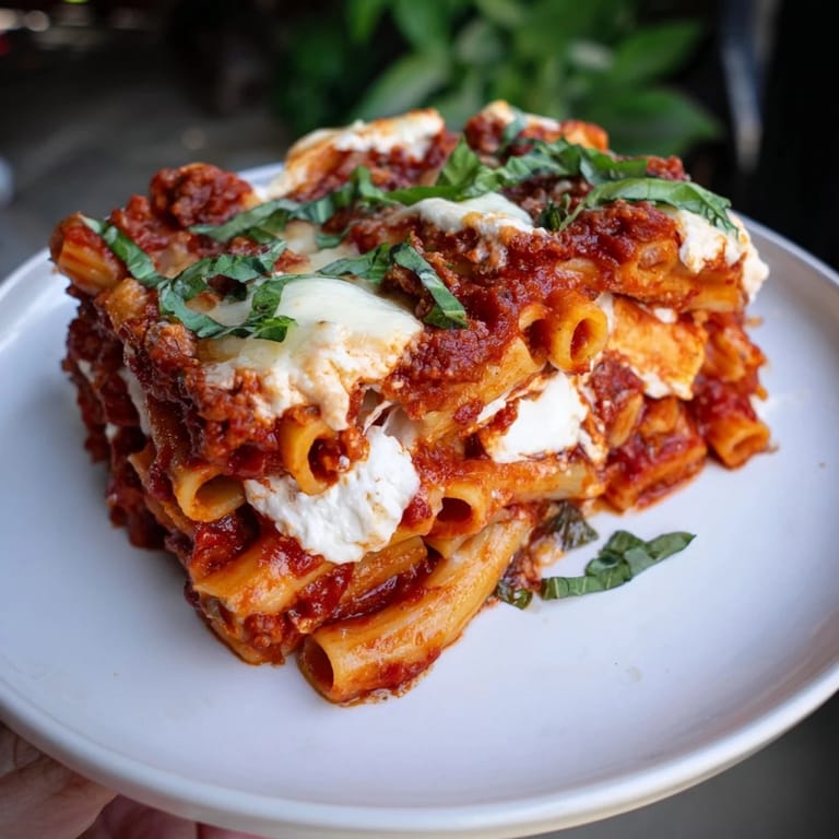A close-up of savory Cheesy Baked Ziti, with a creamy cheese pull, ready to eat.