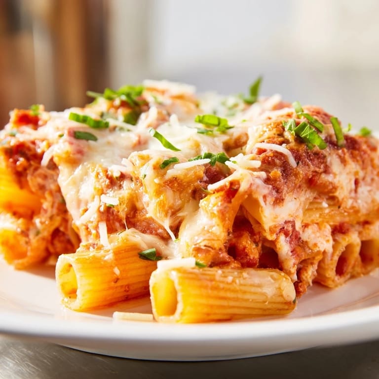 This gorgeous four cheese baked pasta features a creamy, rich sauce and a crispy cheese crust.