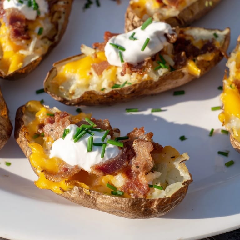 Close-up of savory Loaded Baked Potato Skins with bubbling cheese, ideal for a game day appetizer.