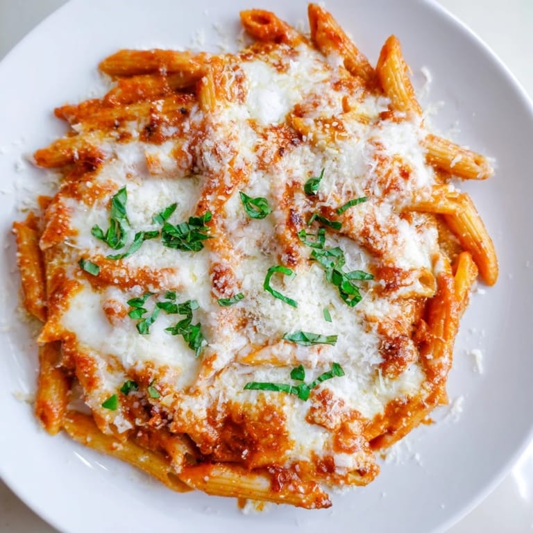 Steaming Baked Penne Arrabbiata, its spicy tomato sauce and golden cheese crust, is ready to serve.