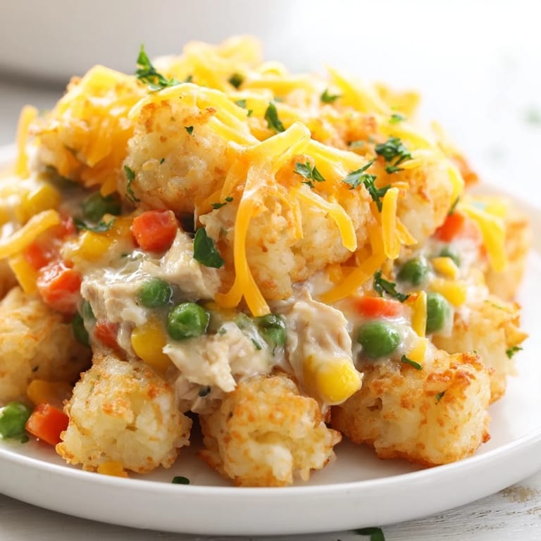 A close-up view of the Crispy Tater Tot Casserole, featuring a creamy chicken filling topped with golden tater tots.