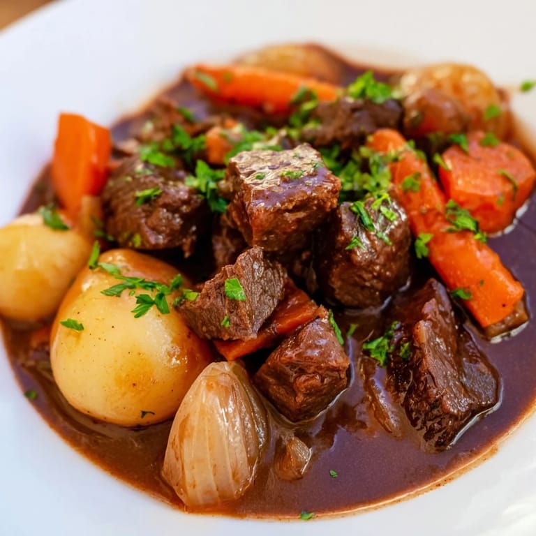 Aromatic Irish beef stew bubbling in a Dutch oven, the savory scent hinting at a hearty dinner.