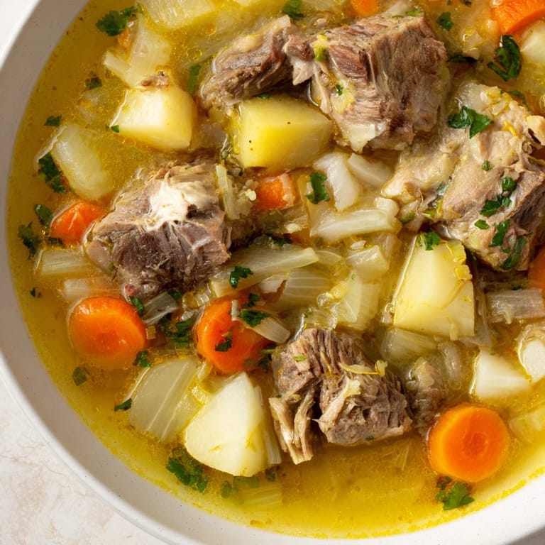 A steaming bowl of flavorful Welsh Cawl is filled with hearty lamb, carrots, and potatoes.