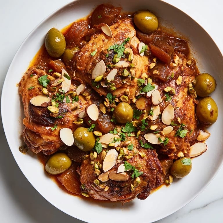 Close-up of a flavorful Moroccan Tagine Chicken with tender chicken, olives, and a rich, savory sauce.