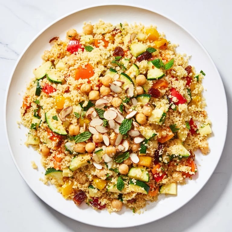 Close-up shot shows a delicious bowl of Moroccan couscous salad, ready for eating.