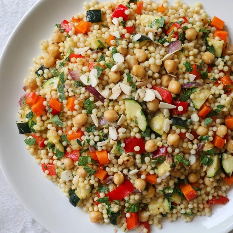 Vibrant image of Moroccan couscous salad: a bright, healthy vegetarian dish with a lemon dressing.