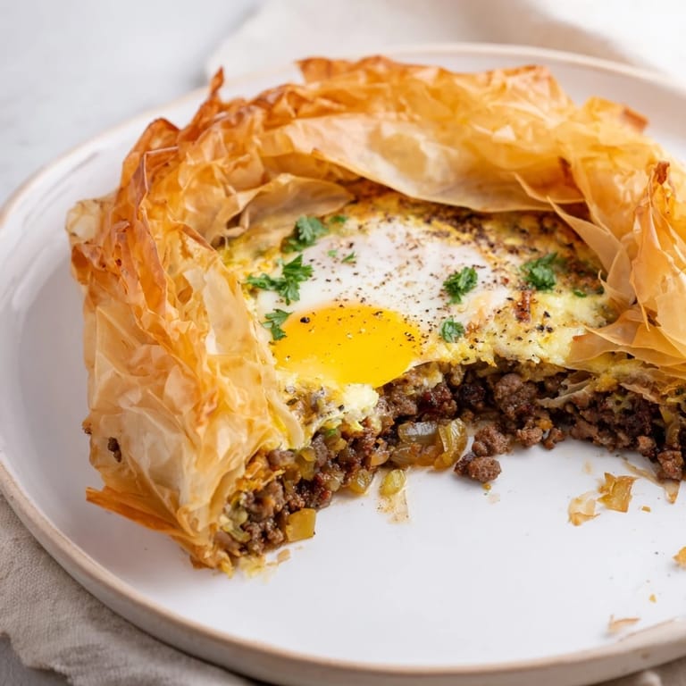 Close-up view of a freshly fried Tunisian Brik, ready for serving with a green salad.
