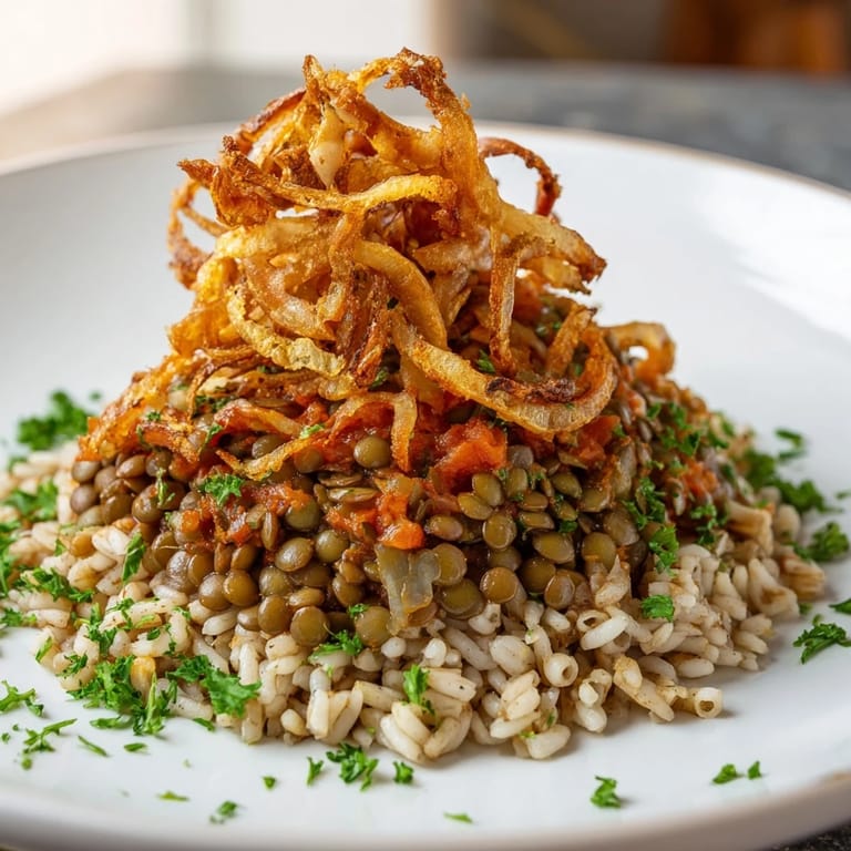 Hearty Egyptian Koshari recipe; imagine the layers of this vegan dish, ready to be enjoyed.