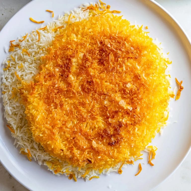 This stunning photo shows a perfectly plated Persian Tahdig rice, the tahdig crust side up.