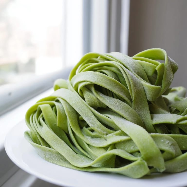 A vibrant green spinach pasta dough ball rests on a wooden board before rolling.  