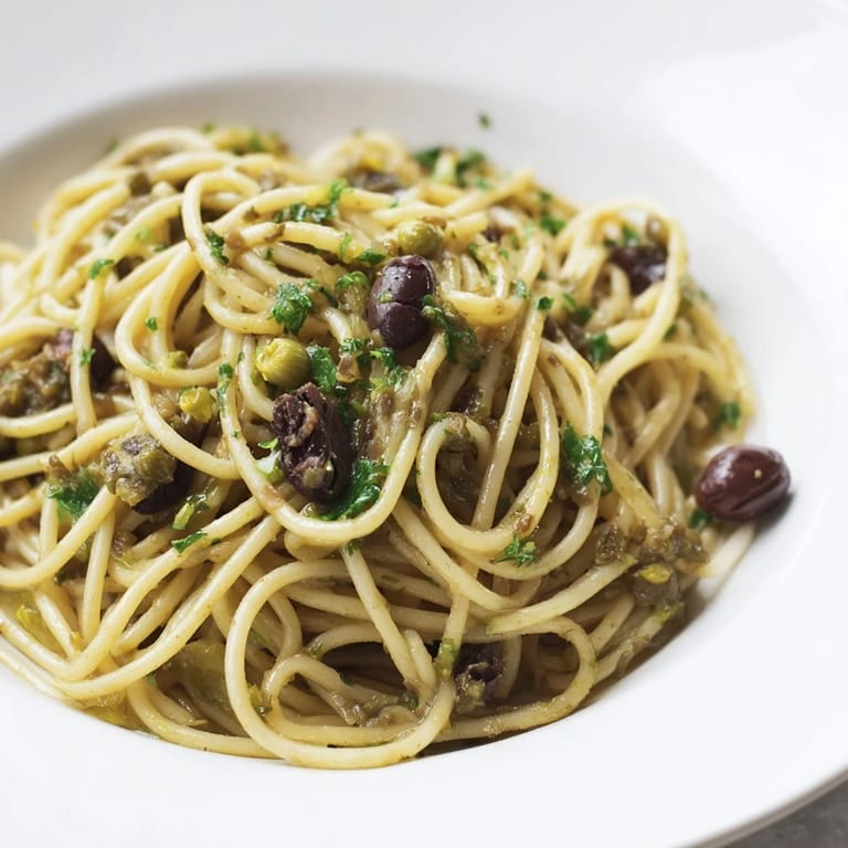 Overhead view of Olive Tapenade Pasta, highlighting the chunky olive and caper sauce clinging to linguine, ready for an easy, plant-based Mediterranean dinner.