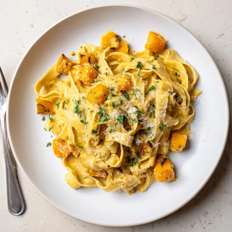 Warm butternut squash pasta bathed in a rich, golden roasted sauce, sprinkled with grated Parmesan and fresh sage for fall flavor.