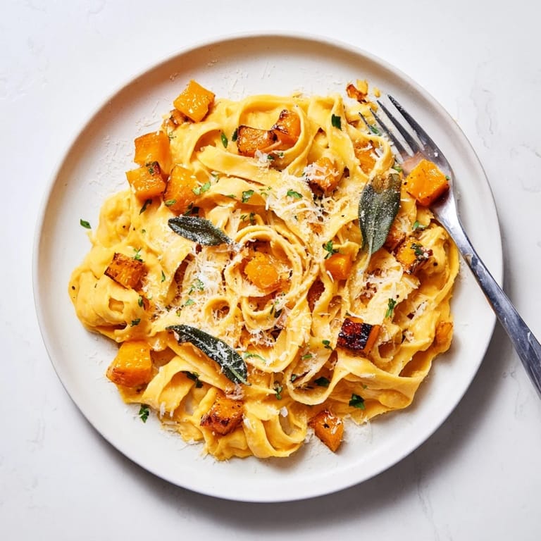 Close-up of butternut squash pasta with creamy roasted squash sauce, steam rising, paired with a glass of white wine for dinner.