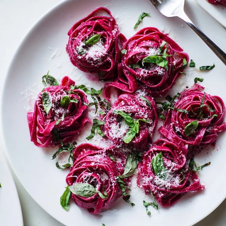 Hand-cut beet pasta dough resting on a floured countertop, ready to be rolled and cooked to al dente perfection.