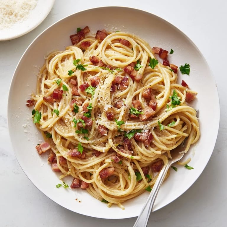 Linguine pasta with crispy bacon tossed in a silky garlic and Parmesan sauce, topped with chopped parsley.
