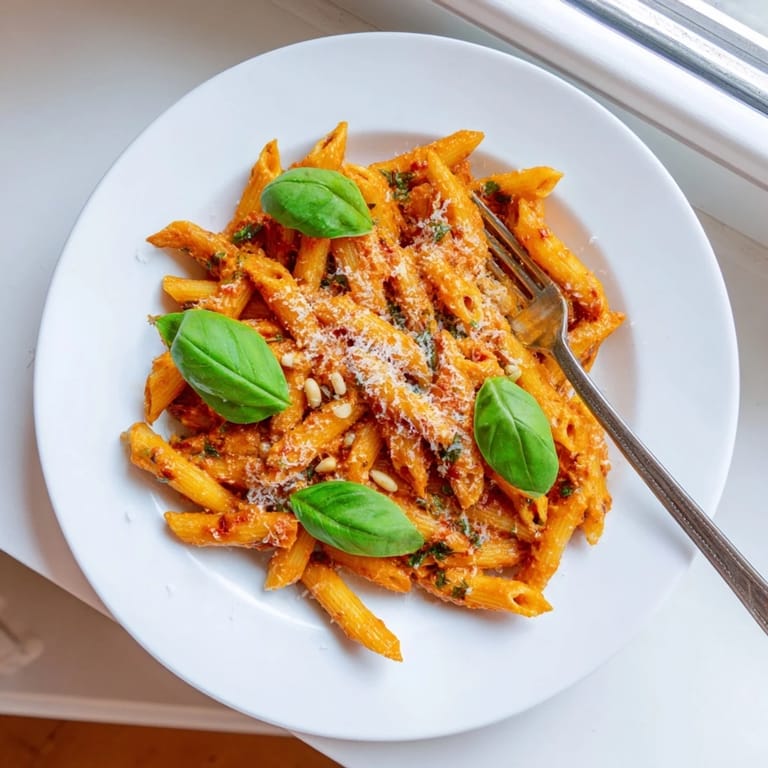 A close-up of al dente penne pasta coated in a rich, oily sun-dried tomato pesto, highlighting the deep red sauce and toasted pine nuts.  