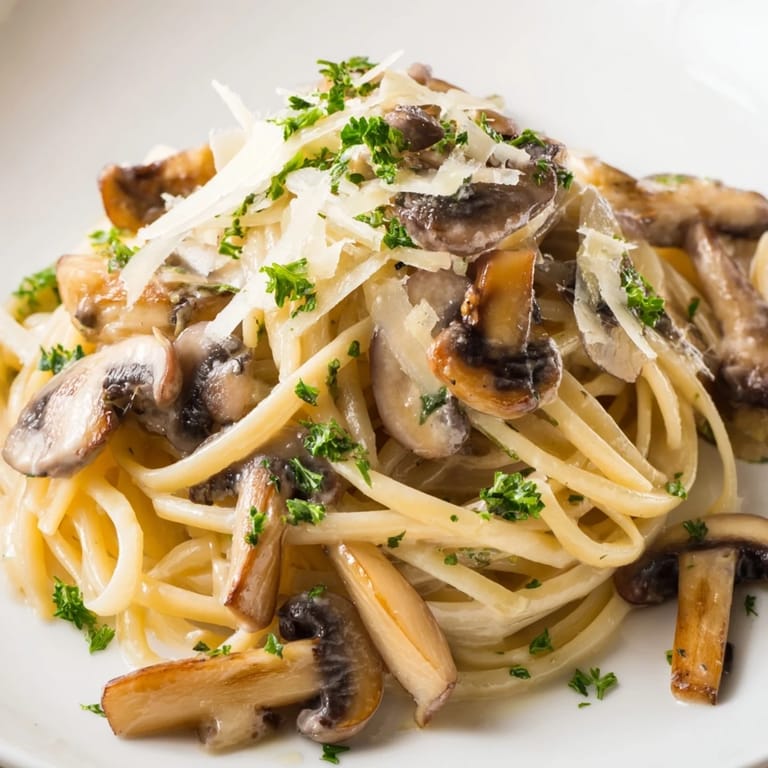Overhead view of creamy mushroom linguine served in a shallow bowl, garnished with parsley and cheese.