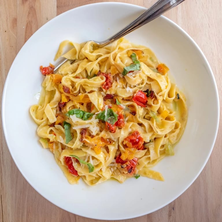 Creamy Roasted Garlic Pasta Sauce simmering in a skillet with diced tomatoes, fresh basil, and onions, bubbling on the stove.