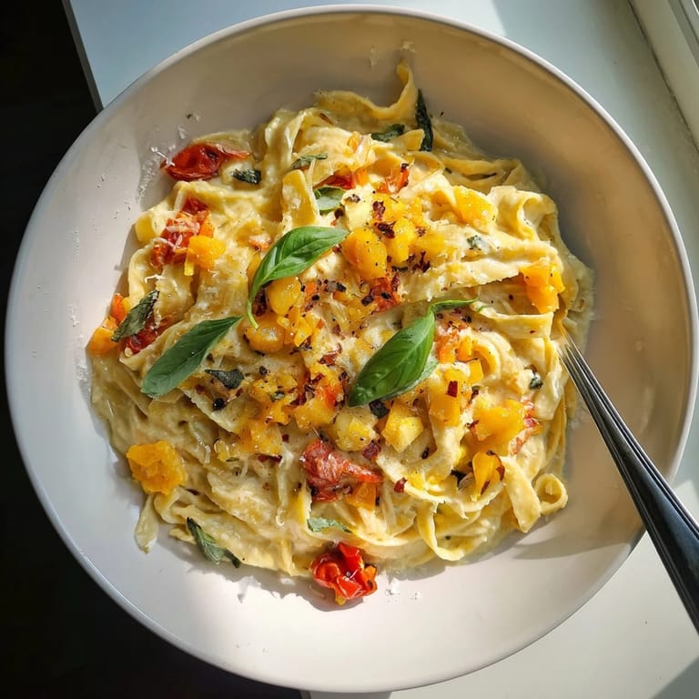 A plate of spaghetti tossed in silky Roasted Garlic Pasta Sauce, garnished with fresh basil and grated Parmesan cheese, ready to serve.