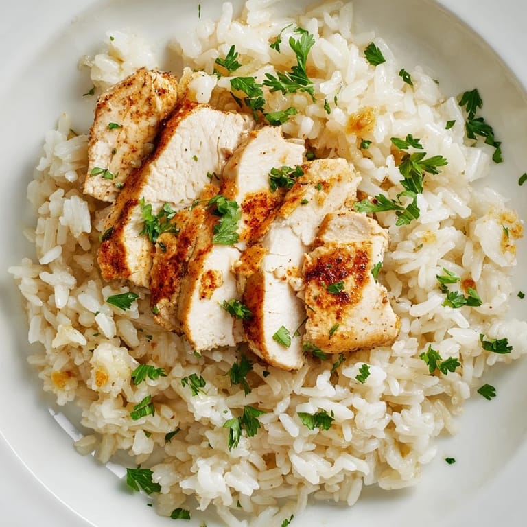 Plated with a side of lemon wedges, this garlic butter rice with chicken offers a warm, savory weeknight dinner.