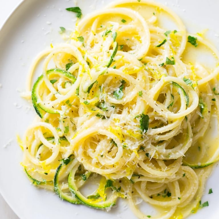 Freshly cooked Lemon Zucchini Pasta served in a white bowl with lemon wedges, parsley, and a light, glossy butter sauce.