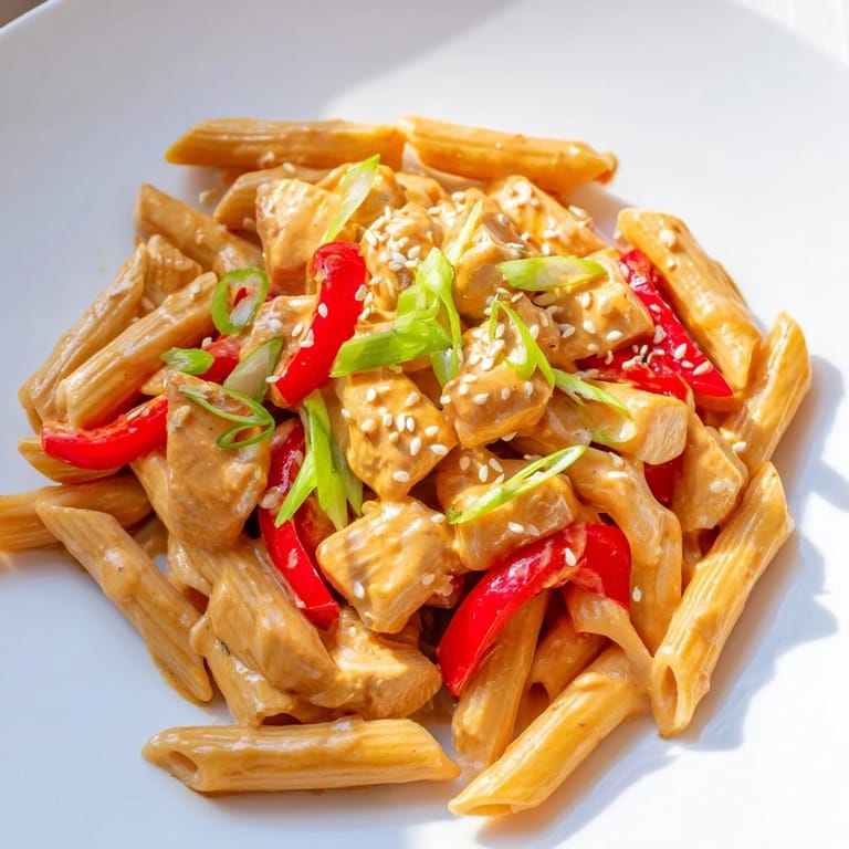 Sweet Chili Chicken Pasta served in a white bowl, featuring tender chicken pieces and vibrant red bell peppers for a colorful, appealing meal.