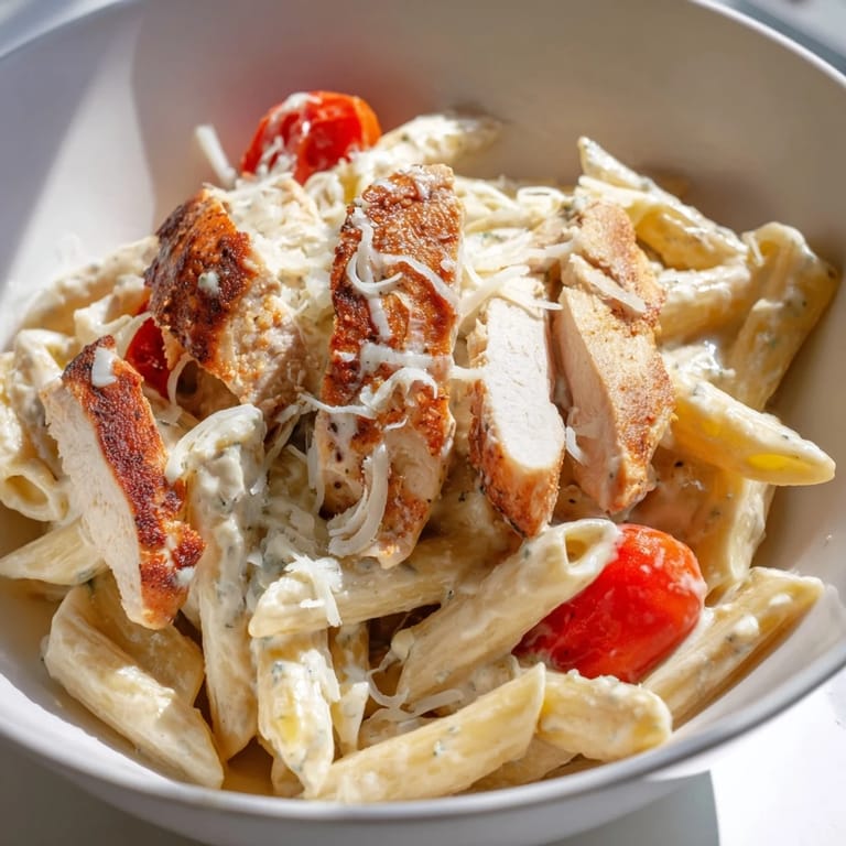 A close-up of Spicy Chicken Caesar Pasta reveals golden-brown chicken strips and croutons against the green romaine backdrop.