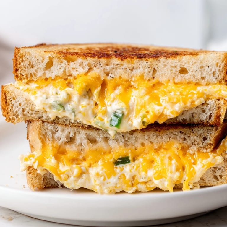 Two halves of Jalapeño Popper Grilled Cheese stacked on a white plate, steam rising from the toasted bread and spicy interior.
