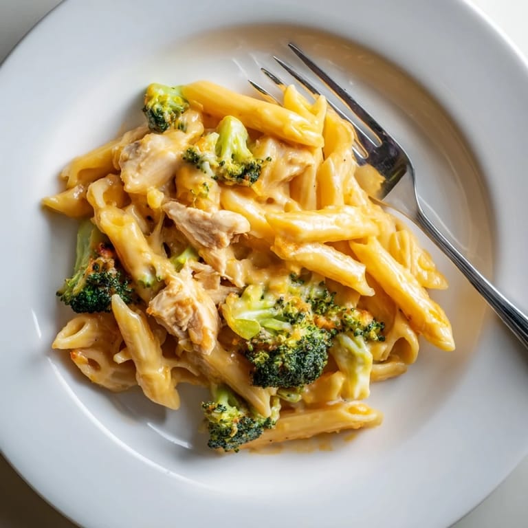 Top-down view of homemade Chicken Broccoli Cheddar Pasta in a skillet, steam rising from golden cheese sauce, broccoli florets, and sautéed chicken pieces.