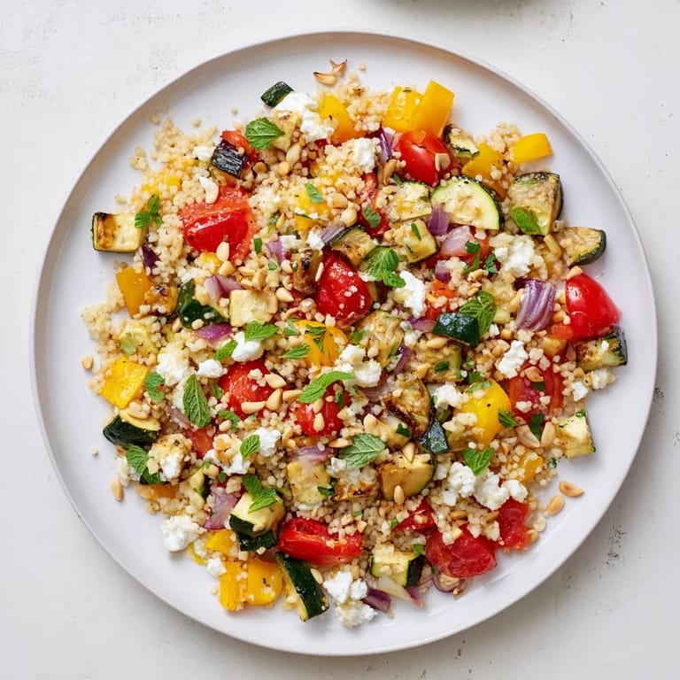 Crumbled feta and toasted pine nuts top this hearty couscous salad.