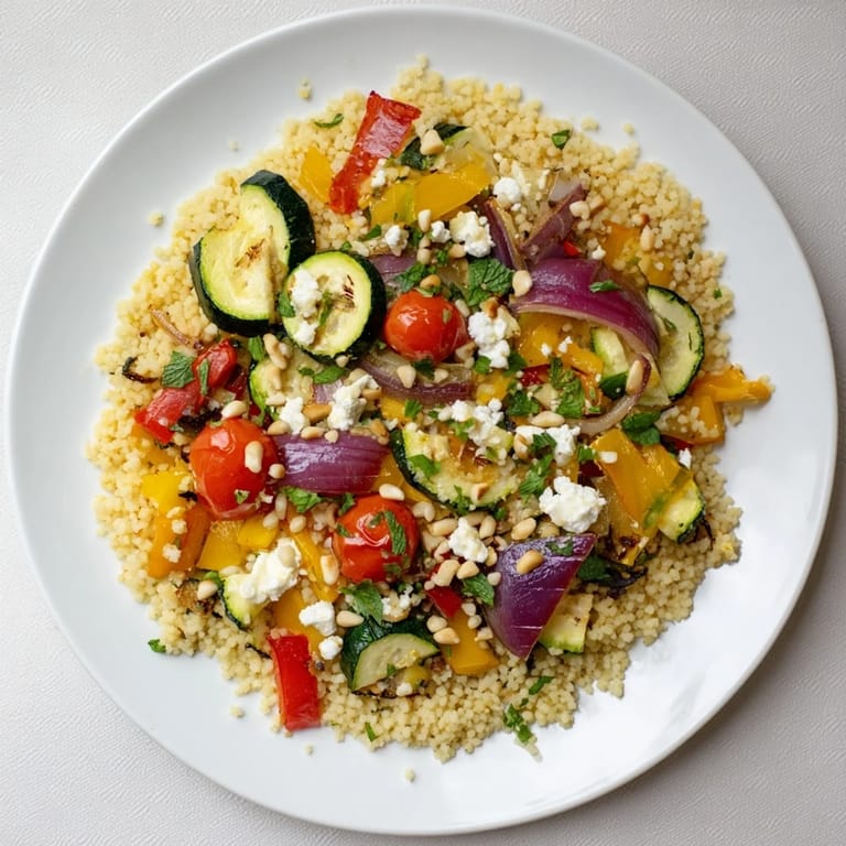 Colorful Mediterranean couscous salad with caramelized veggies, ready to serve warm.