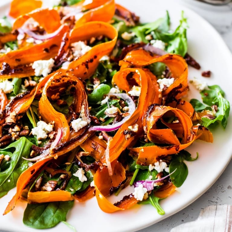 A close-up of the Roasted Carrot Ribbon Salad shows caramelized carrot edges and fresh herbs, ready to serve as a light, elegant vegetarian side dish.