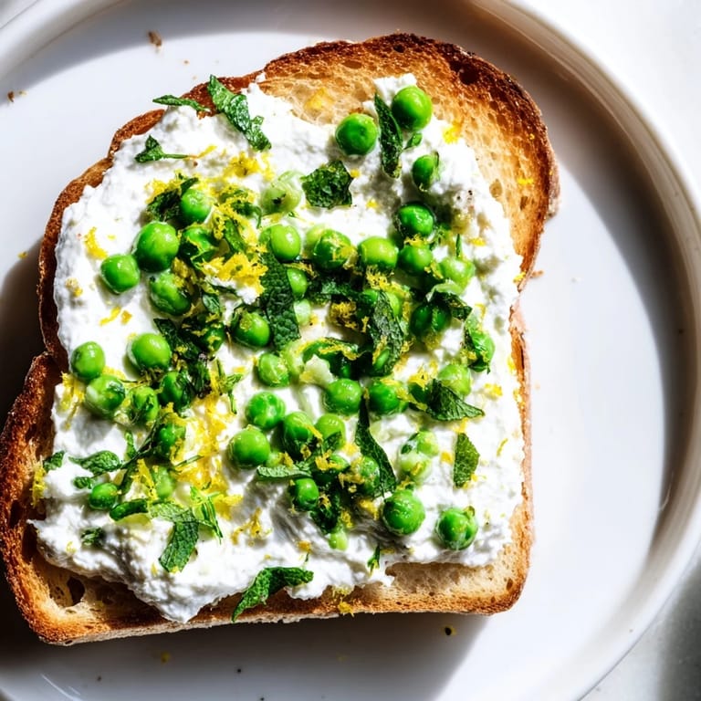 Golden toast spread with a light pea and mint ricotta mixture, served alongside lemon wedges for a zesty finish.