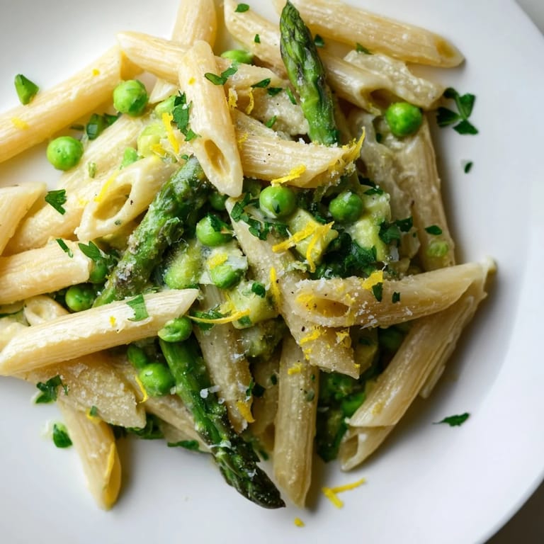 Creamy Garlic Parmesan Spring Vegetable Pasta showcases al dente penne and crisp spring veggies in a light lemony sauce.  