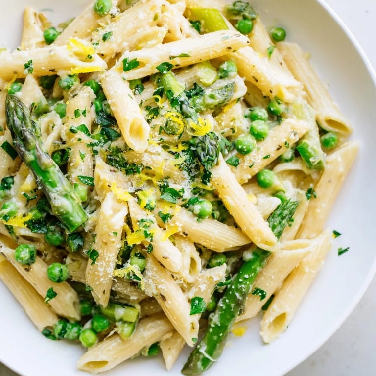 A close-up of steaming Garlic Parmesan Spring Vegetable Pasta with melted Parmesan, lemon zest, and vibrant spring vegetables.