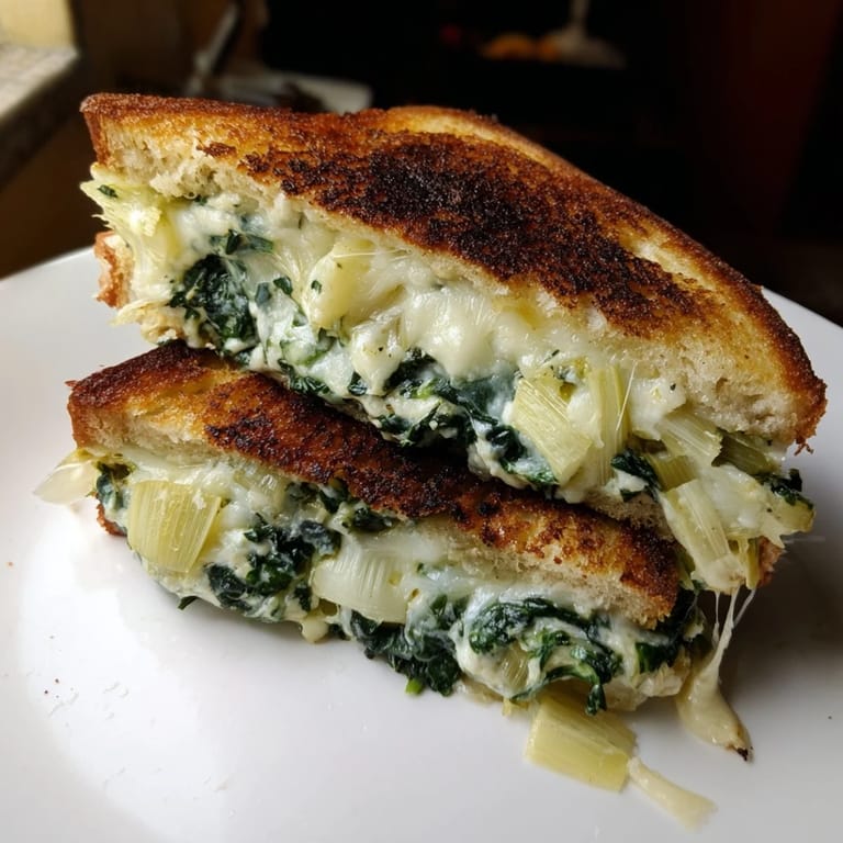 A skillet-seared Artichoke Spinach Grilled Cheese with crispy sourdough crust, served alongside a bowl of tomato soup.