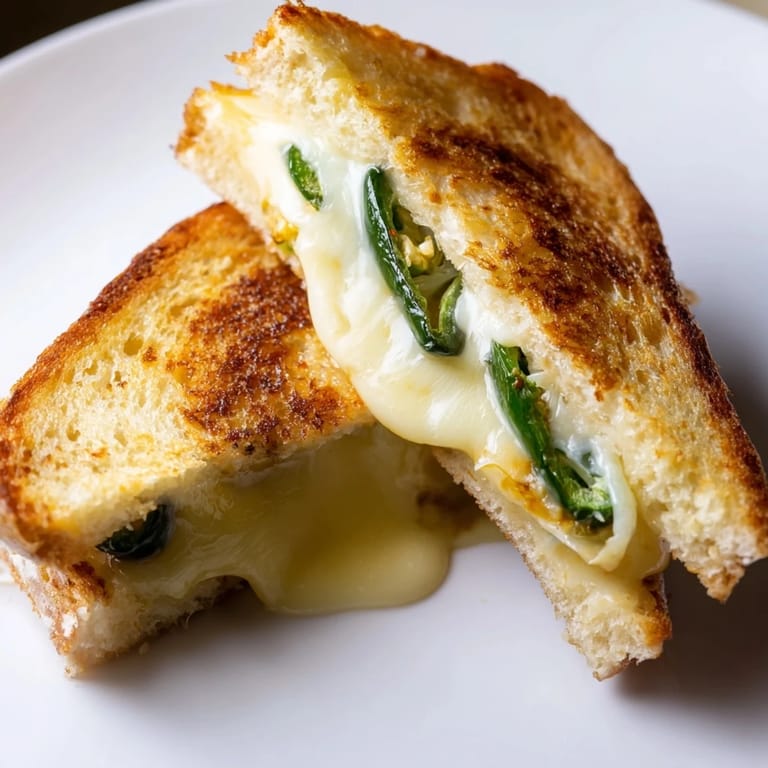 A close-up of Jalapeño Havarti Grilled Cheese shows melted cheese oozing onto a plate, perfect with a side of tomato soup.  