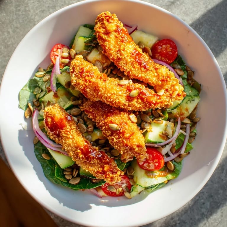 Fresh salad greens topped with golden fried chicken and red onion slices, showcasing the bold colors and textures of this easy weeknight main dish.