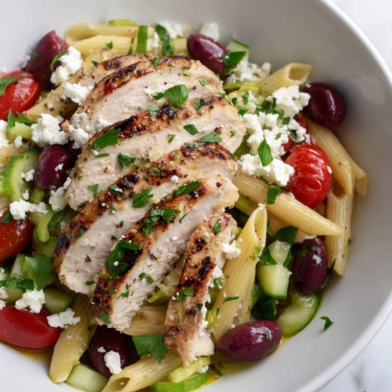 Freshly tossed Greek Chicken Pasta Bowl featuring juicy chicken, crisp cucumbers, tangy olives, and herbs on a warm plate, ready for a Mediterranean lunch.